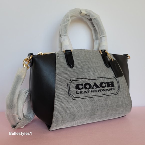 COACH Elise Badge Satchel In Jacquard & Refined Leather- Salt Black color ⭐ - Picture 1 of 16